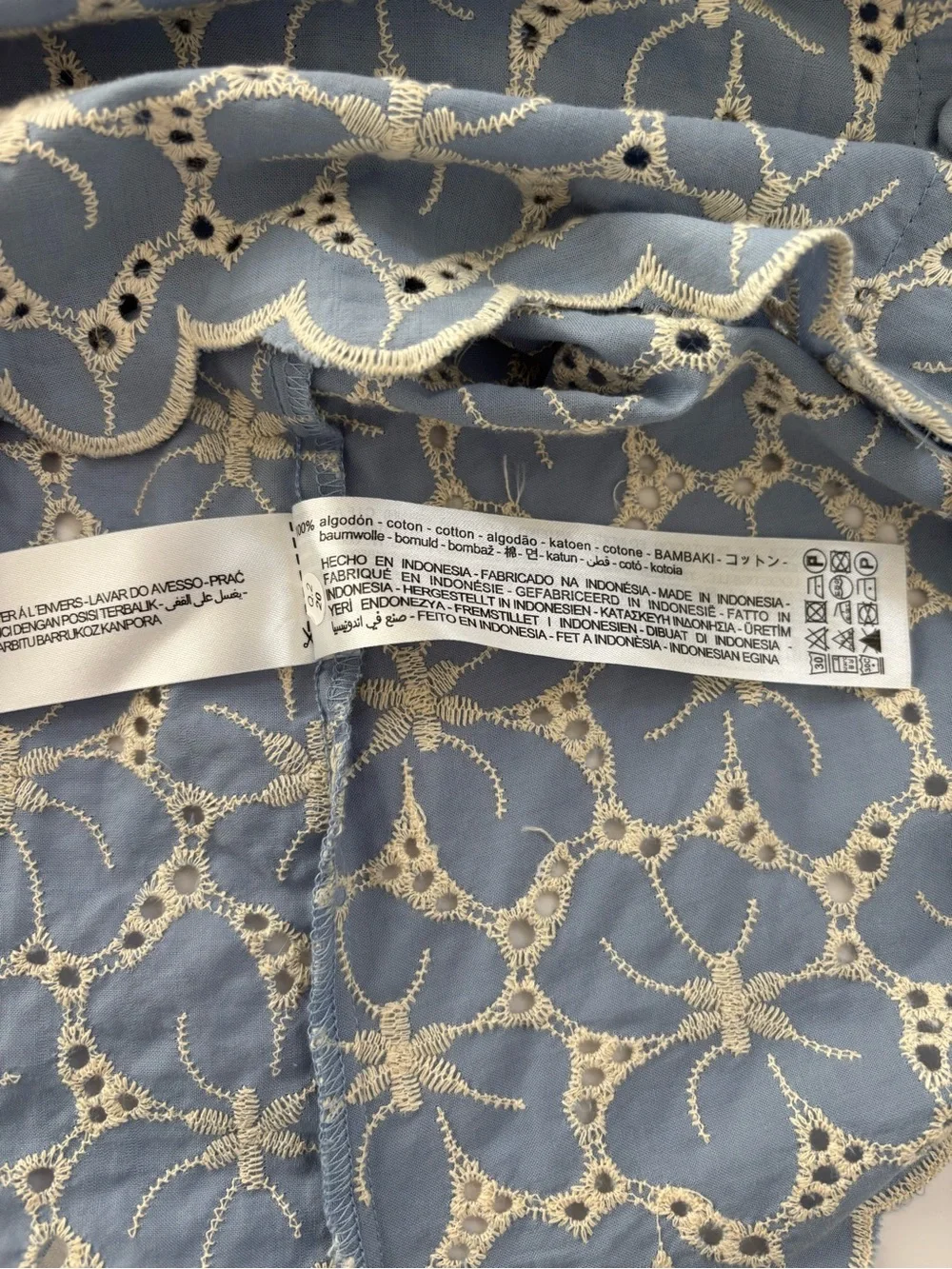 Zara Floral Eyelet Embroidered Scalloped Crop Blouse NWT Blue & Cream Cotton XL